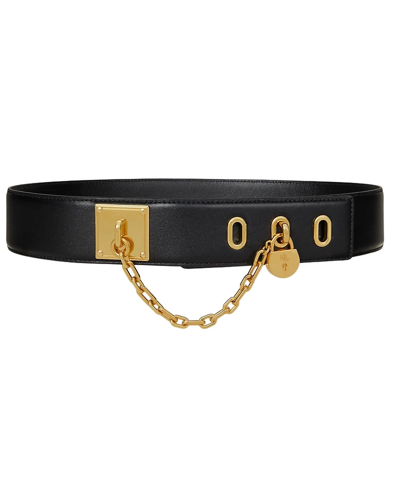 Lauren Ralph Women's Leather Chain Padlock Wide Belt