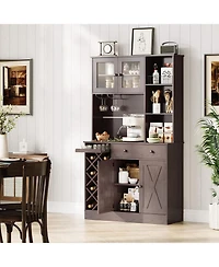 gaomon Coffee Bar Cabinet with Power Outlet & Exquisite Barn Doors, Sideboard Buffet Wine Bottle Rack, Storage