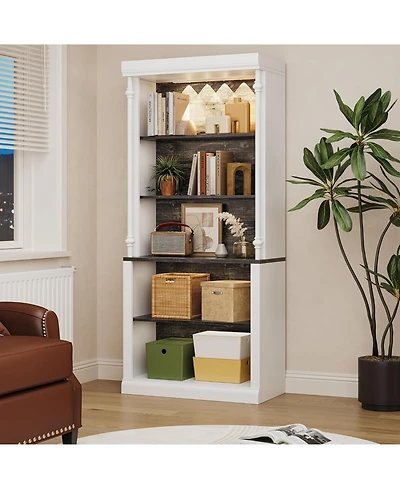 gaomon 5 tier open bookcase with Roman column design, Led lights, adjustable wood grain shelves, freestanding display storage.