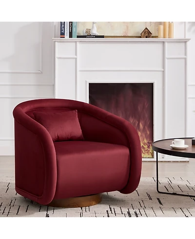 Boyel Living Swivel Accent Chair 360 Degree Velvet Barrel Chair Pumpkin Shaped Brown Rubberwood Base