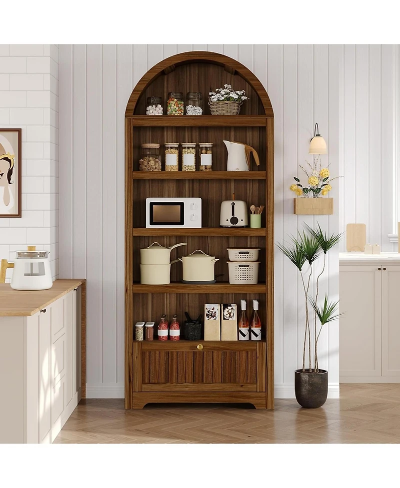 gaomon 71" Tall Arched Pantry Cabinet, 6-Tier Freestanding Bookshelf with Drawer and Anti-Tip