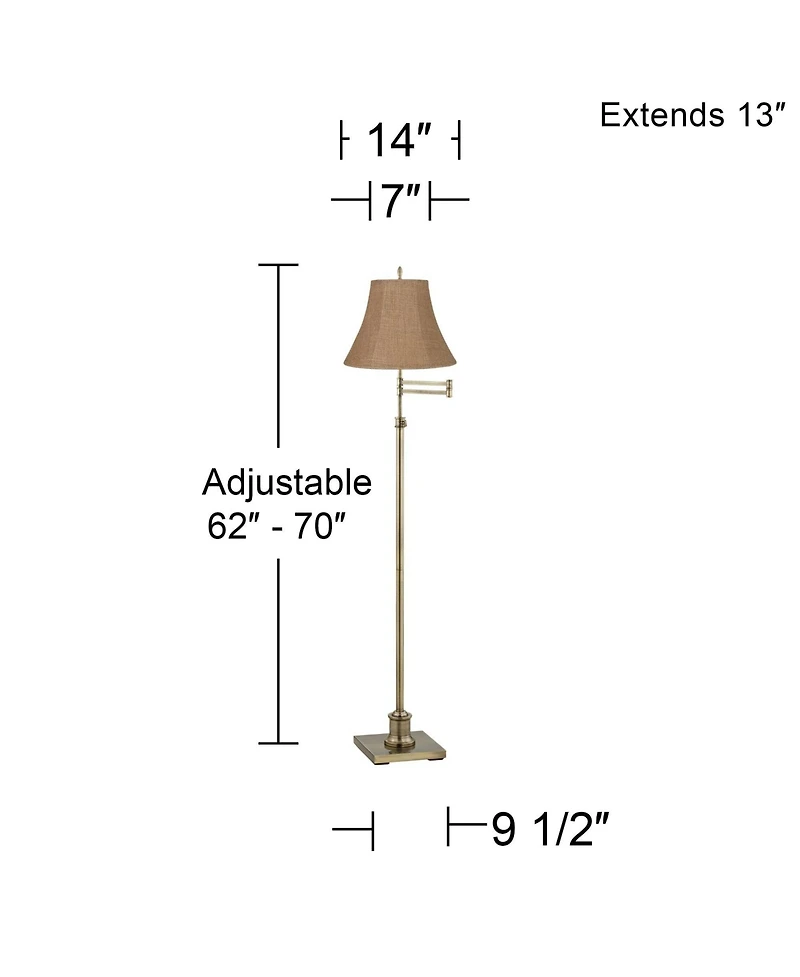 360 Lighting Traditional Swing Arm Floor Lamp Adjustable Height 70" Tall Antique Brass Burlap Fabric Bell Shade Living Room Bedroom