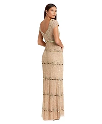 Mac Duggal Women's Petite Beaded Sweetheart Cap Sleeve Tiered Gown