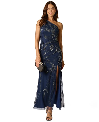 Adrianna Papell Women's One Shoulder Bead Mesh Long Dress