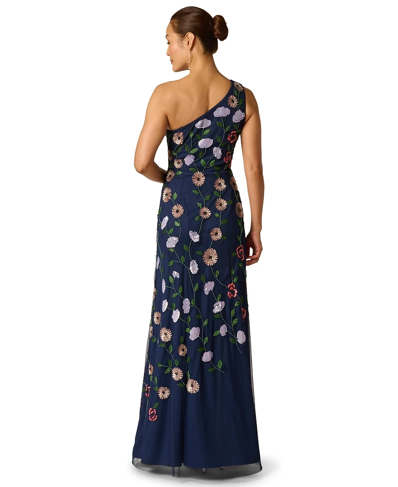 Adrianna Papell Women's One Shoulder Mesh Long Dress