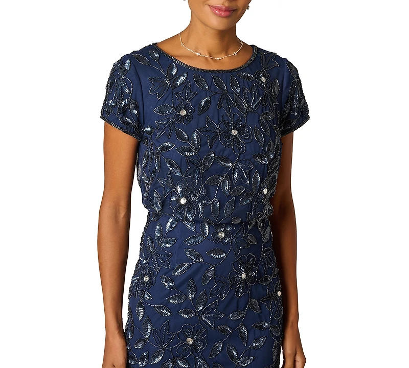 Adrianna Papell Women's Boat-Neck Blouson Beaded Gown