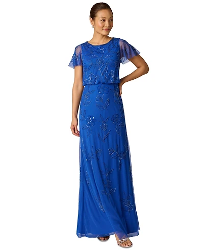 Adrianna Papell Women's Beaded Blouson Flutter-Sleeve Dress