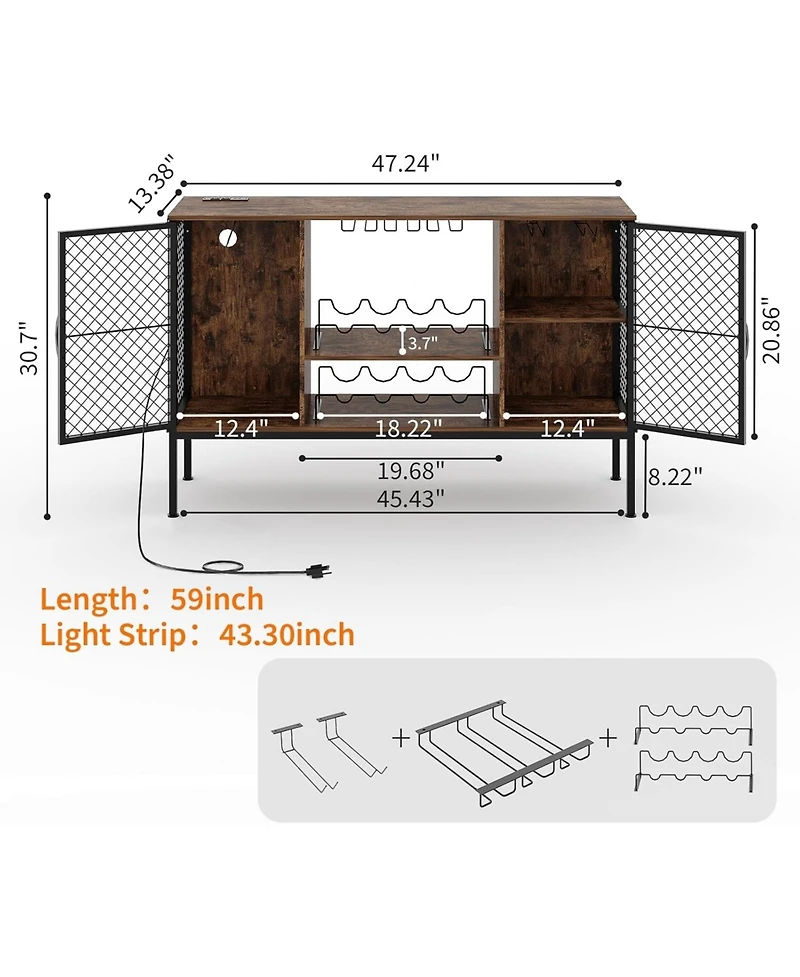 gaomon 47 in Industrial Coffee Bar Cabinet with Led Lights and Power Outlets, Wood Liquor Cabinet with 2 Doors, Glass Holders and Storage