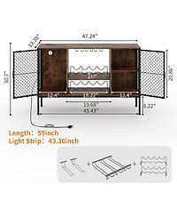 gaomon 47 in Industrial Coffee Bar Cabinet with Led Lights and Power Outlets, Wood Liquor Cabinet with 2 Doors, Glass Holders and Storage