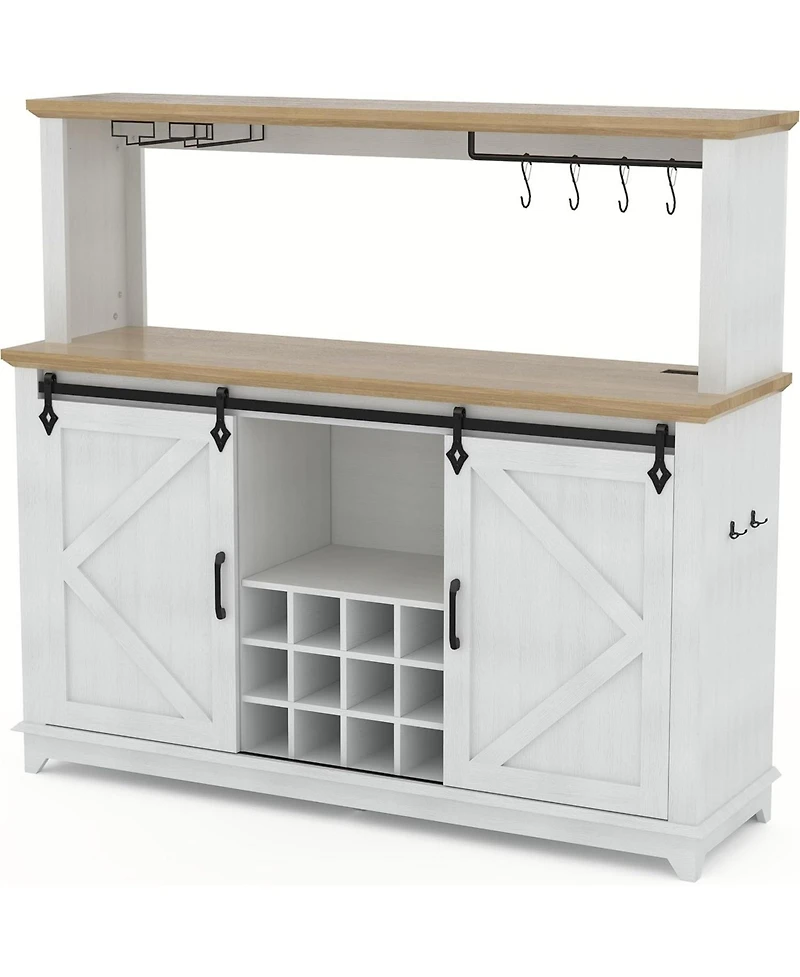 gaomon Hetoy Farmhouse Coffee Bar Cabinet 55" Tall with Sliding Barn Door, Led Light, Power Outlet - Storage Drawers, 12-Bottle Wine Rack