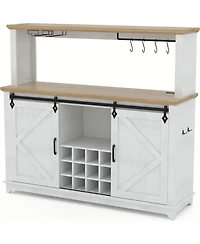 gaomon Hetoy Farmhouse Coffee Bar Cabinet 55" Tall with Sliding Barn Door, Led Light, Power Outlet - Storage Drawers, 12-Bottle Wine Rack