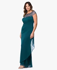 Xscape Plus Sheer Boat-Neckline Long Sheath Dress