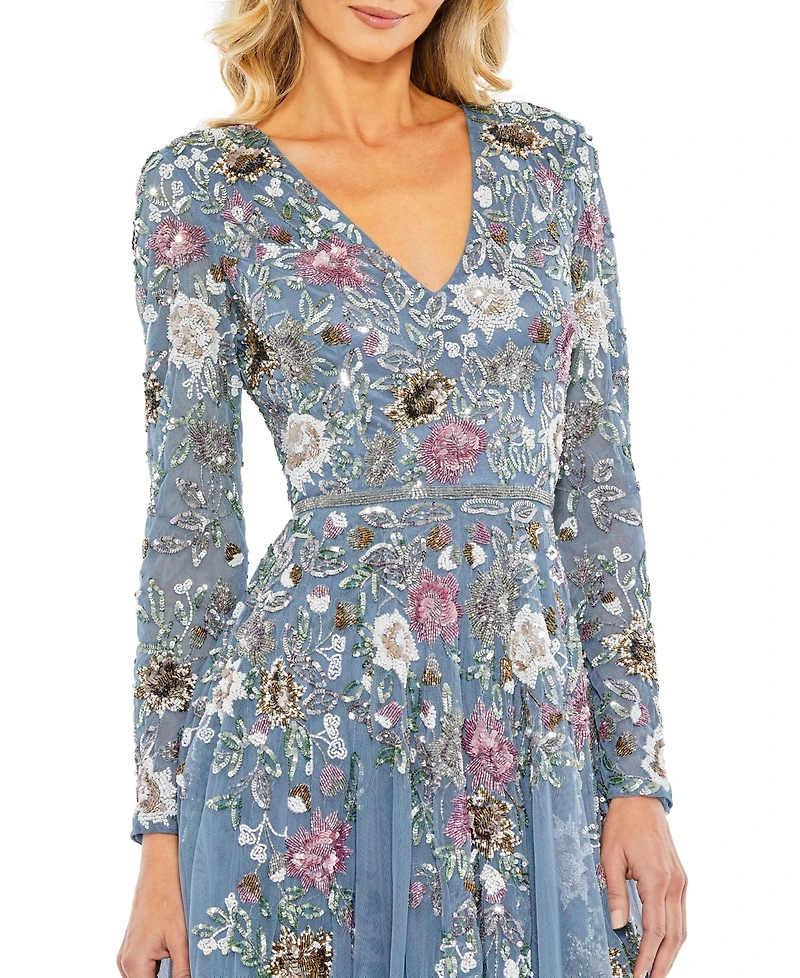 Mac Duggal Women's Hand Embellished Floral V Neck Long Sleeve Dress