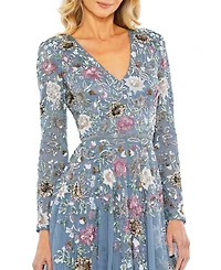 Mac Duggal Women's Hand Embellished Floral V Neck Long Sleeve Dress