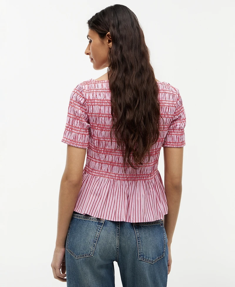 Tommy Hilfiger Women's Smocking Striped Boat Neck Cotton Top