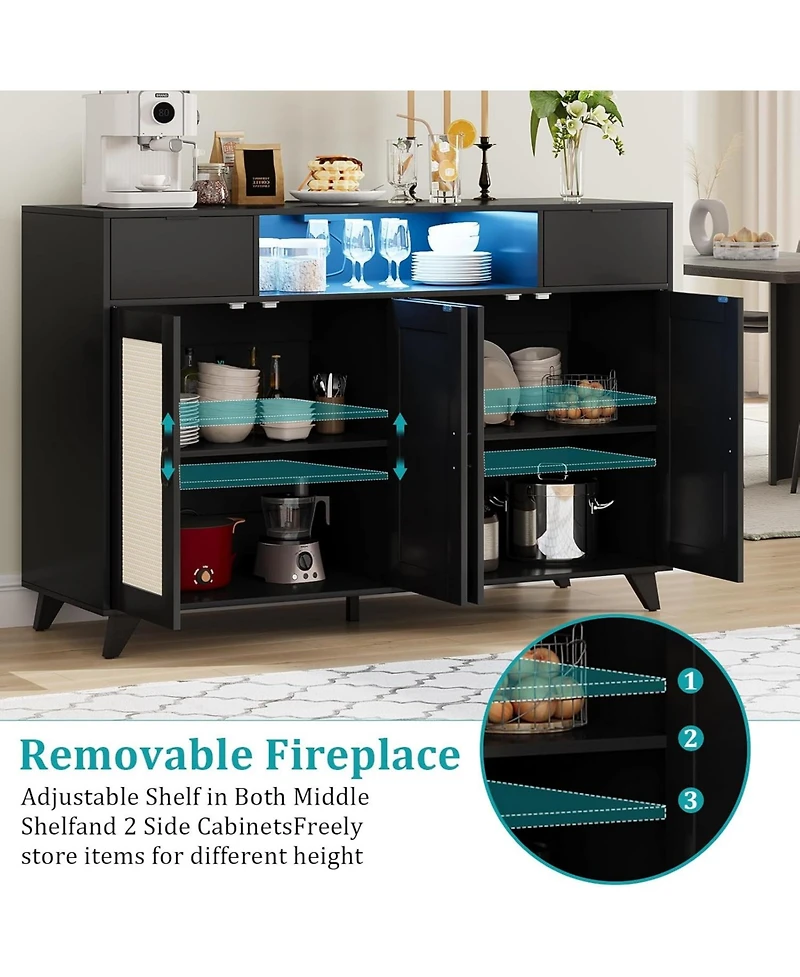 gaomon Power Outlet and Led Lights - 4 Door Accent Storage Cabinet, 2 Drawers Console Table with Adjustable Shelves