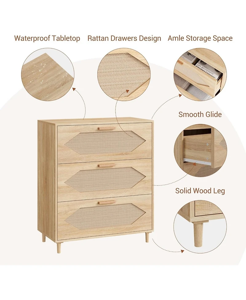 gaomon Dressers for Bedroom, 3 Drawer Rattan Dresser with Spacious Storage, Modern Wood Chest of Drawers, Rustic Oak Wooden Nightstand for Bedroom
