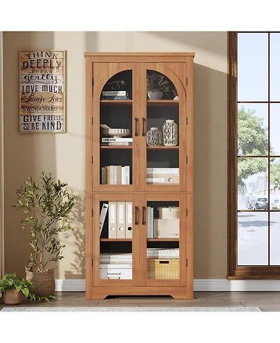 gaomon Kitchen Pantry Cabinet - 70" Tall Storage Cabinet with 4 Arched Glass Doors and Adjustable Shelves, Cupboard Organizers for Kitchen.