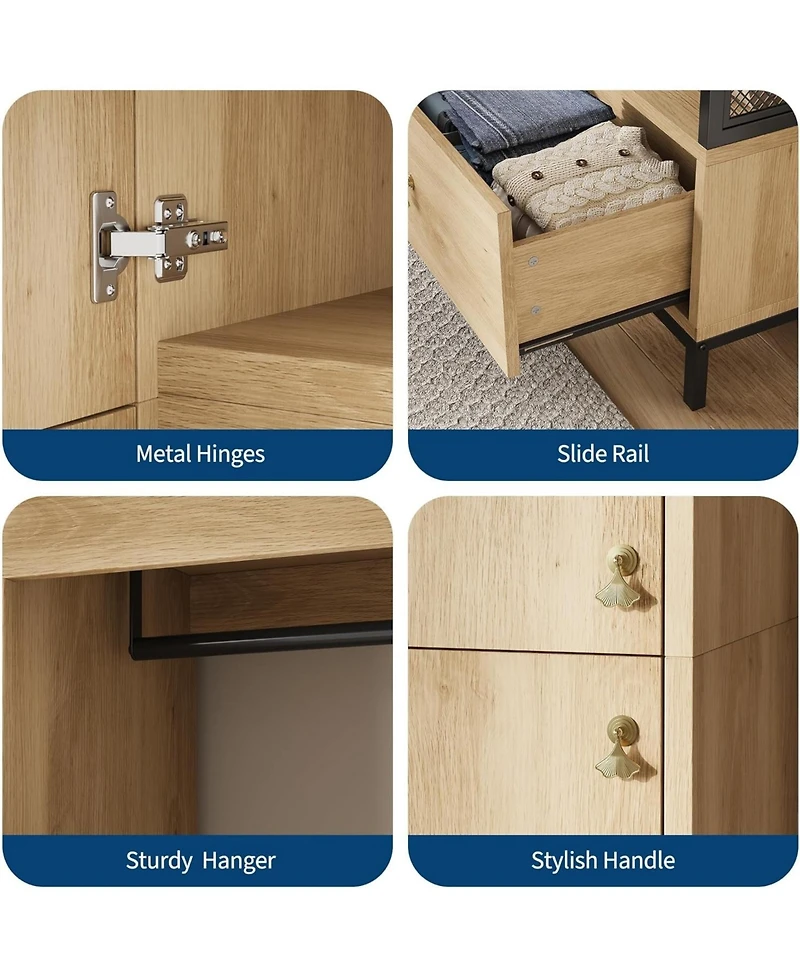 gaomon Modern Armoire Wardrobe Closet, Wood and Metal Frame Clothes Storage Organizer with Double Closed Doors, Open Hanging Rod