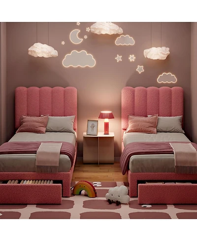 gaomon Set of 2 Twin Upholstered Bed Frames with Drawer and Wave Headboard, Kids Platform Design