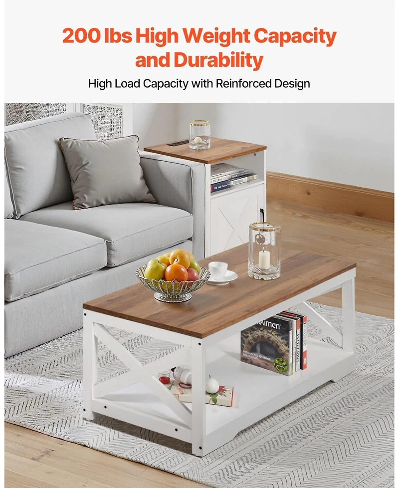 Gouun Farmhouse Coffee Table Set with 2 End Tables and Charging Station