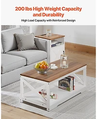 Gouun Farmhouse Coffee Table Set with 2 End Tables and Charging Station