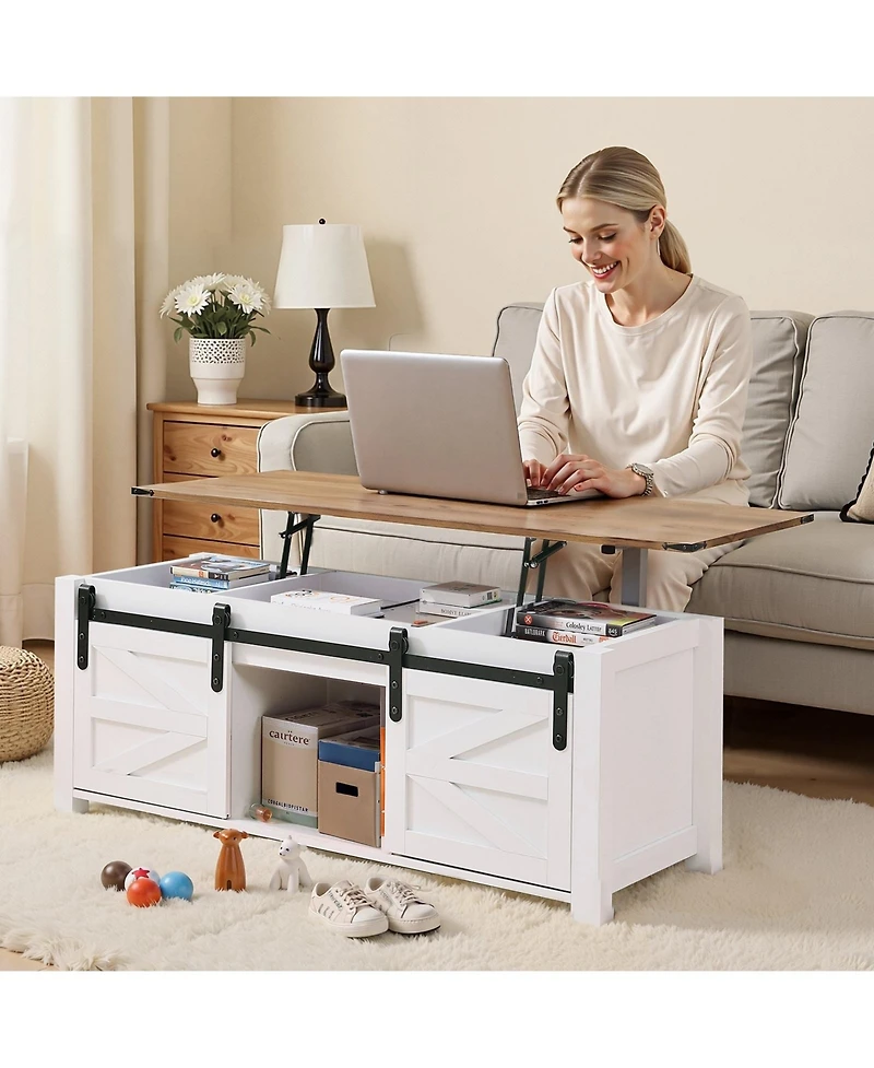 Gouun Lift Top Coffee Table with Hidden Storage and Barn Door