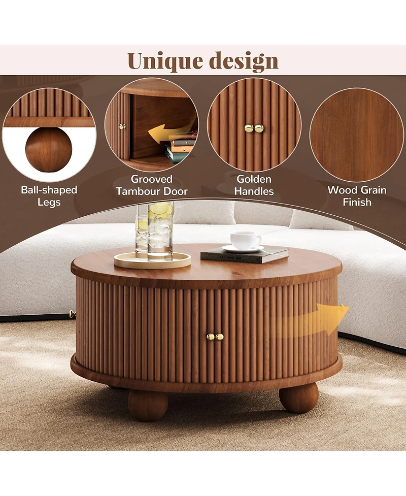 Rainsken Round Fluted Coffee Table with Storage, Modern Solid Wood Center Table Furniture Sliding Door for Living Room, Small Spaces