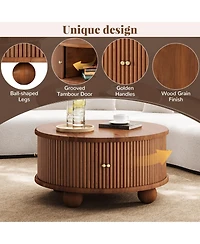 Rainsken Round Fluted Coffee Table with Storage, Modern Solid Wood Center Table Furniture Sliding Door for Living Room, Small Spaces