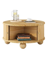 Rainsken Modern Round Fluted Storage Coffee Table, Solid Wood Center Table with Sliding Doors for Living Room and Compact Spaces