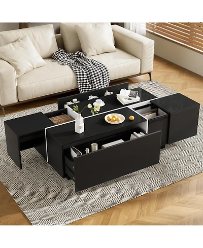 Rainsken Extendable Coffee Table - High-Gloss Finish, 2 Hidden Storage Space and 2 Drawers, Multi-Functional Center Table for Living Room