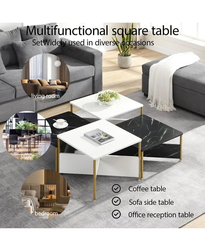 Rainsken Mid-Century Square Nesting Coffee Table Set of 4, Adjustable Combined Center Table for Home Living Room Decor