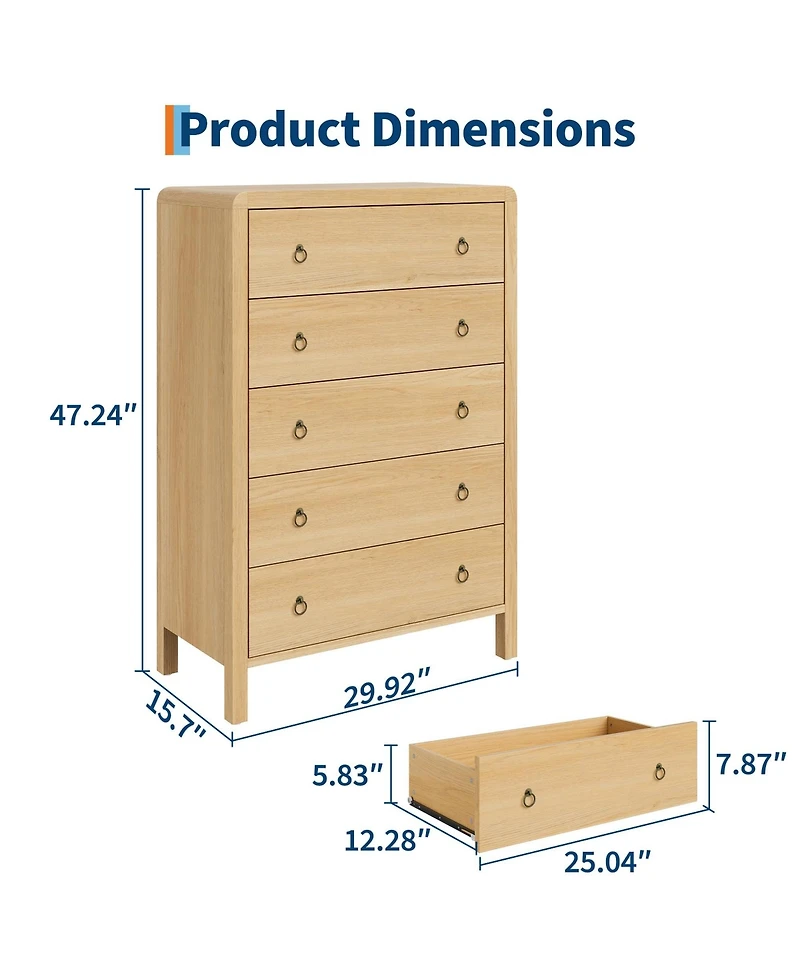 gaomon 5 Drawer Modern Closet Dressers Chest, Wood Storage Dresser Chest of Drawers Clothes Organizer for Bedroom Living Room Hallway