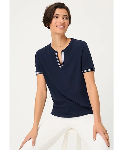 Olsen Women's Split Neck T-Shirt with Stripe Trim