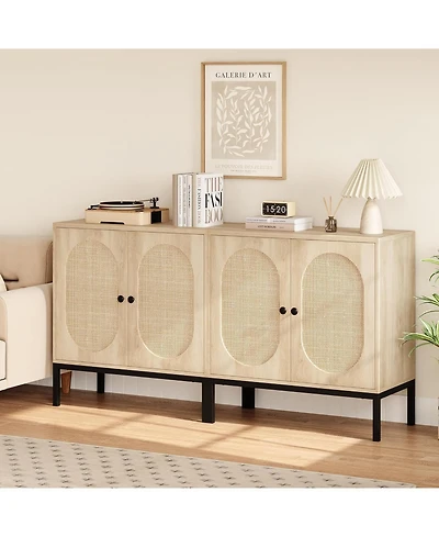 gaomon Rattan Sideboard Set of 2, Accent Storage Cabinet with 2 Doors and Adjustable Shelf, Boho Buffet Cabinet with Metal Legs