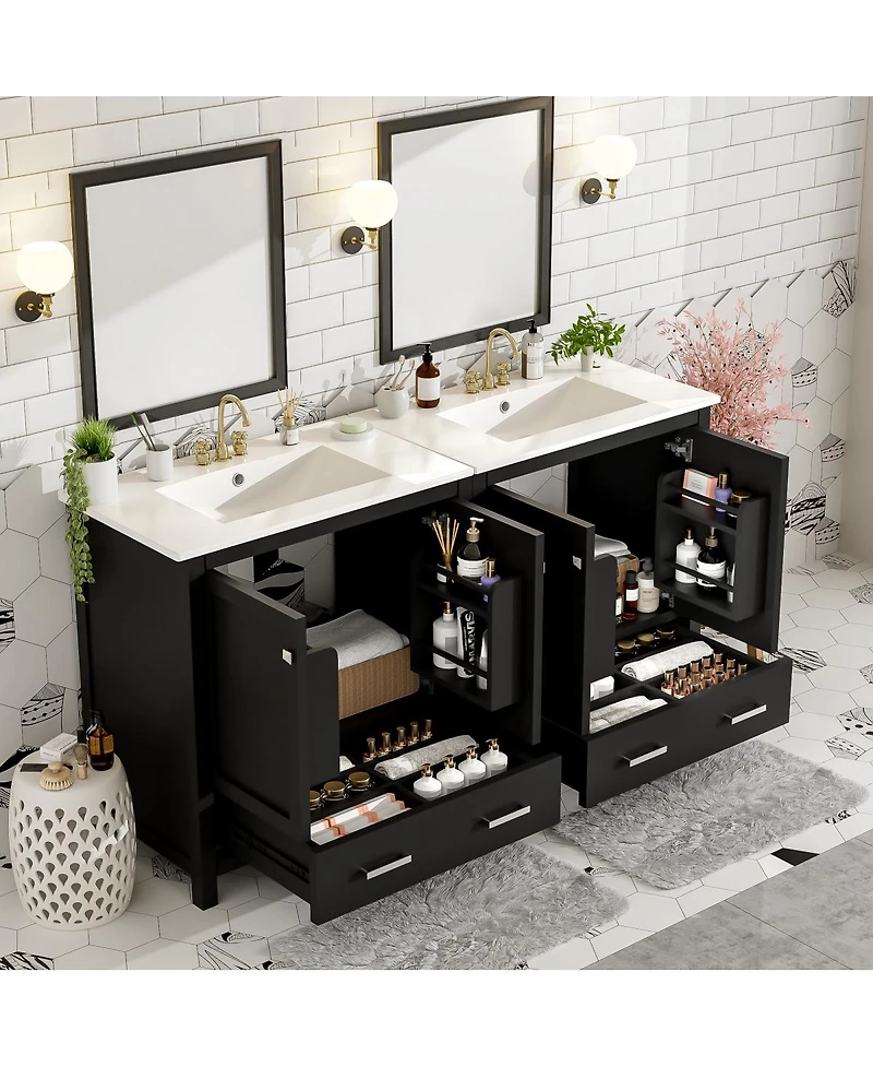 Sillysis 60 Inch Double Bathroom Vanity Set, Freestanding Solid Wood Cabinet with Ceramic Sinks and Soft Close Doors, Modern Storage.