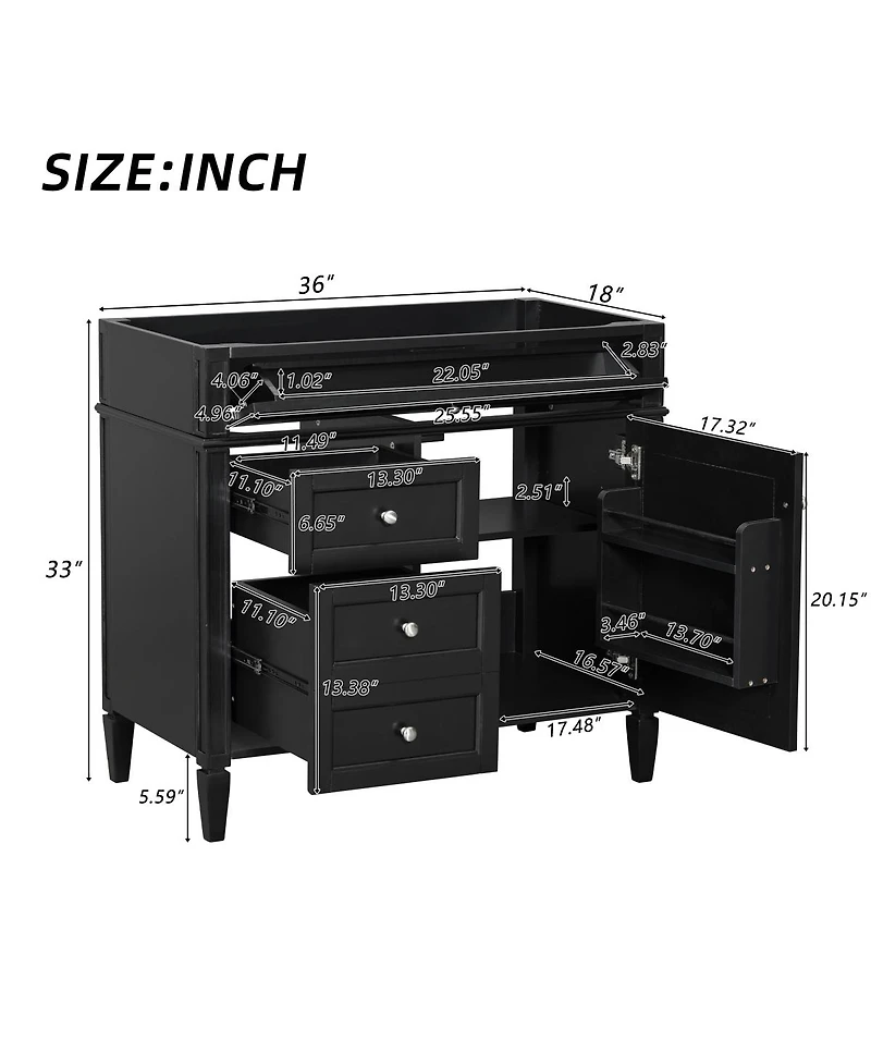 Sillysis 36 Inch Modern Bathroom Vanity without Top Sink, Soft Close Drawers, Adjustable Shelf and Door Organizer for Small Spaces.