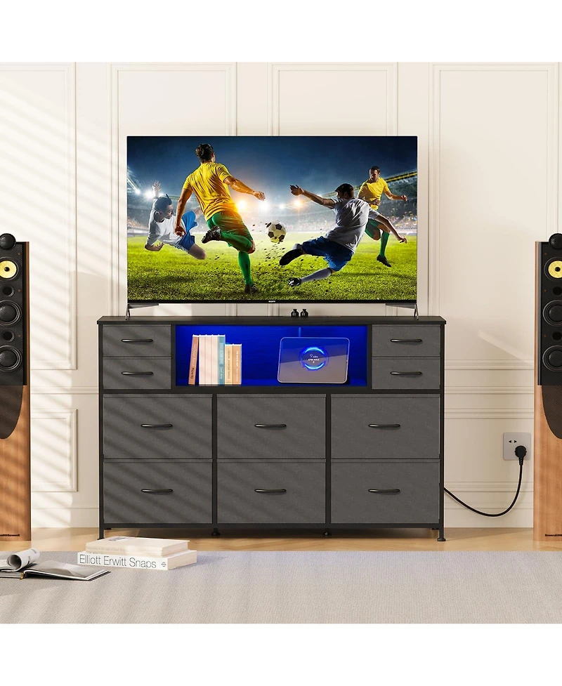 gaomon 10 Fabric Drawers Dresser with Led Lights, Entertainment Center with Charging Station, Wood Top
