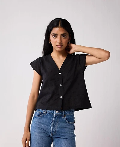 Reistor Women's V-Neck Embroidered Top with Front Buttons