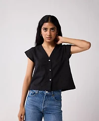 Reistor Women's V-Neck Embroidered Top with Front Buttons