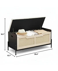 Yigii Rattan Storage Bench with Cushion Safety Hinges Shoe Chest for Living Room Bedroom