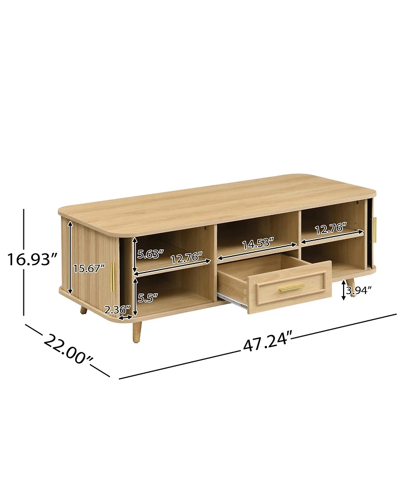 Rainsken Modern Rectangular Coffee Table with Pull-Out Drawer and Vertical Grooved Panels, Center Table with 6 Storage Spaces for Living Room