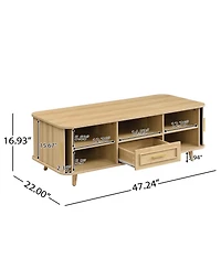 Rainsken Modern Rectangular Coffee Table with Pull-Out Drawer and Vertical Grooved Panels, Center Table with 6 Storage Spaces for Living Room