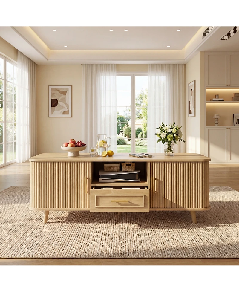 Rainsken Modern Rectangular Coffee Table with Pull-Out Drawer and Vertical Grooved Panels, Center Table with 6 Storage Spaces for Living Room