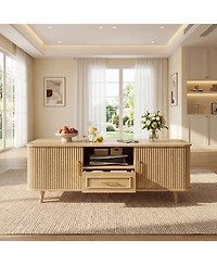 Rainsken Modern Rectangular Coffee Table with Pull-Out Drawer and Vertical Grooved Panels, Center Table with 6 Storage Spaces for Living Room