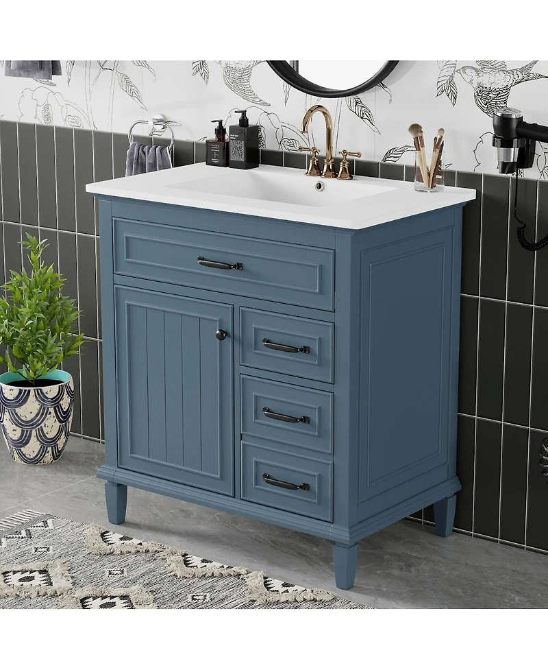 Sillysis 30 Inch Bathroom Vanity with Ceramic Sink, Solid Wood Freestanding Cabinet Flip Drawer and Soft-Close Door