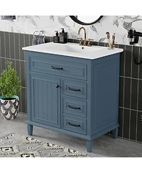 Sillysis 30 Inch Bathroom Vanity with Ceramic Sink, Solid Wood Freestanding Cabinet Flip Drawer and Soft-Close Door