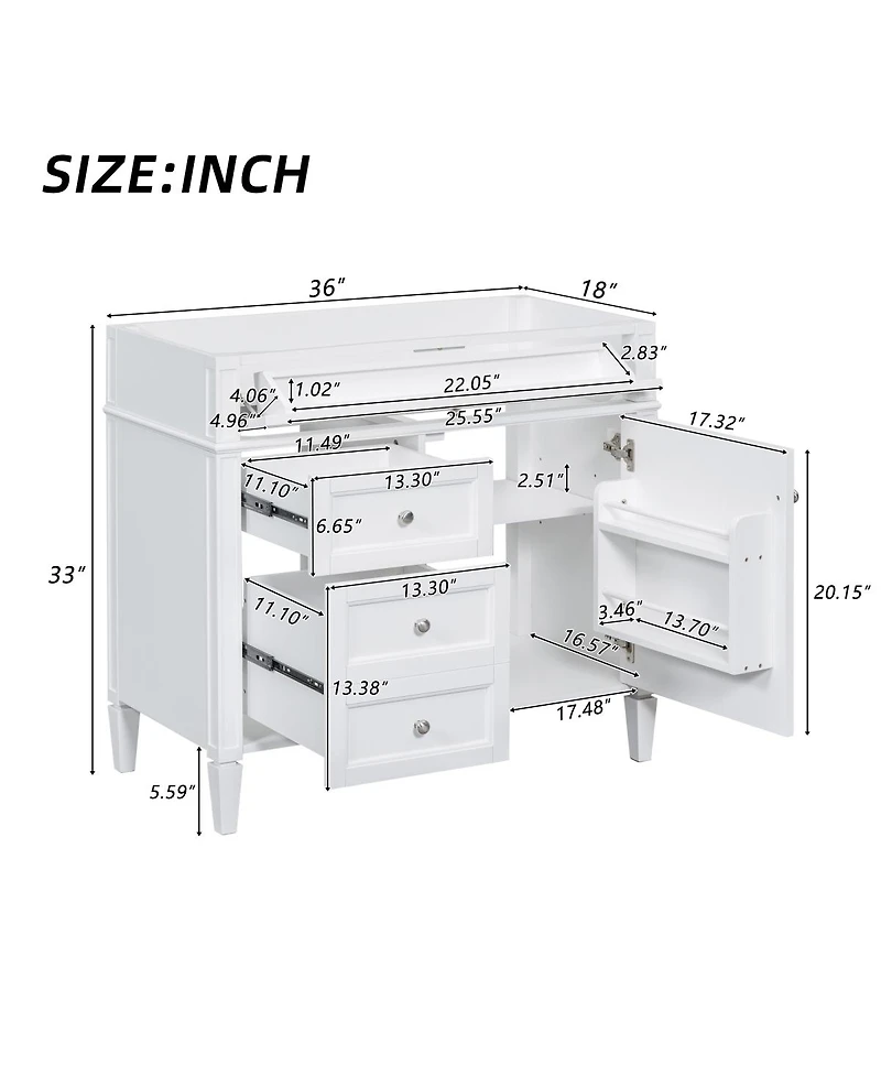 Sillysis Bathroom Vanity without Top Sink, Soft Close Drawers, Adjustable Shelf and Door Organizer for Small