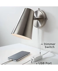 Possini Euro Design Modern Wall Lamps Set of 2 with Usb Port Black Plug-In 8" Light Fixture Fabric Shade for Bedroom Bedside House
