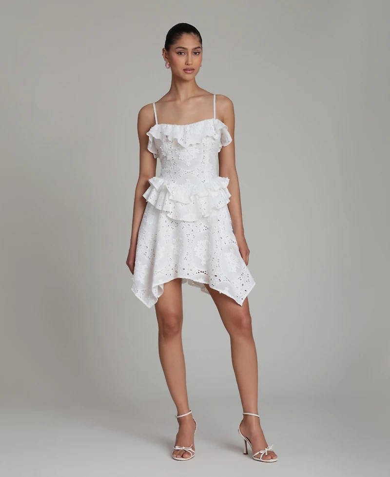 Avec Les Filles Women's Sweetheart Straps Ruffle Handkerchief Hem Mini Dress